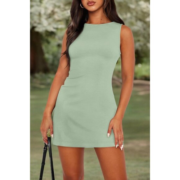Wiholl Women's F - Sage Green Summer Sleeveless Boat Neck Slim Fit Mini Dress - Picture 6 of 6
